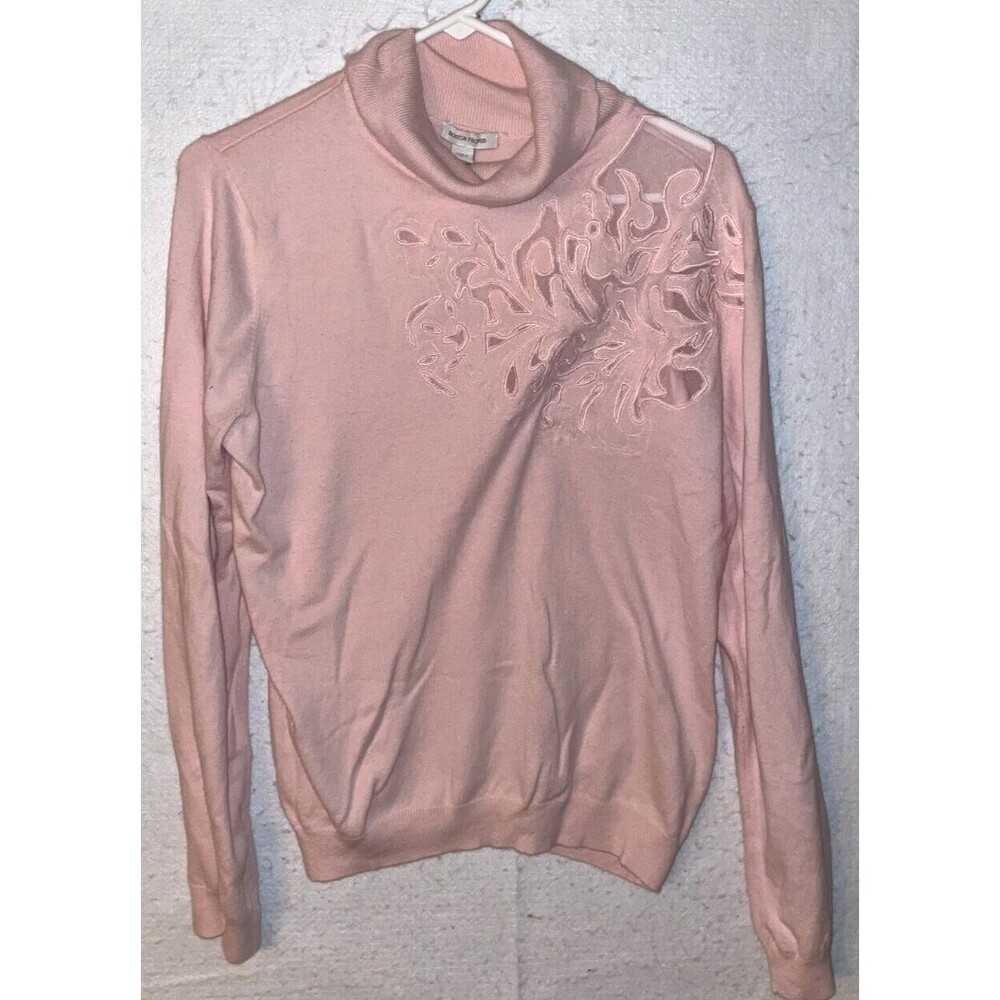 Boston Proper Sweater Women's L Pink Turtleneck Lace Romance Cashmere Cotton